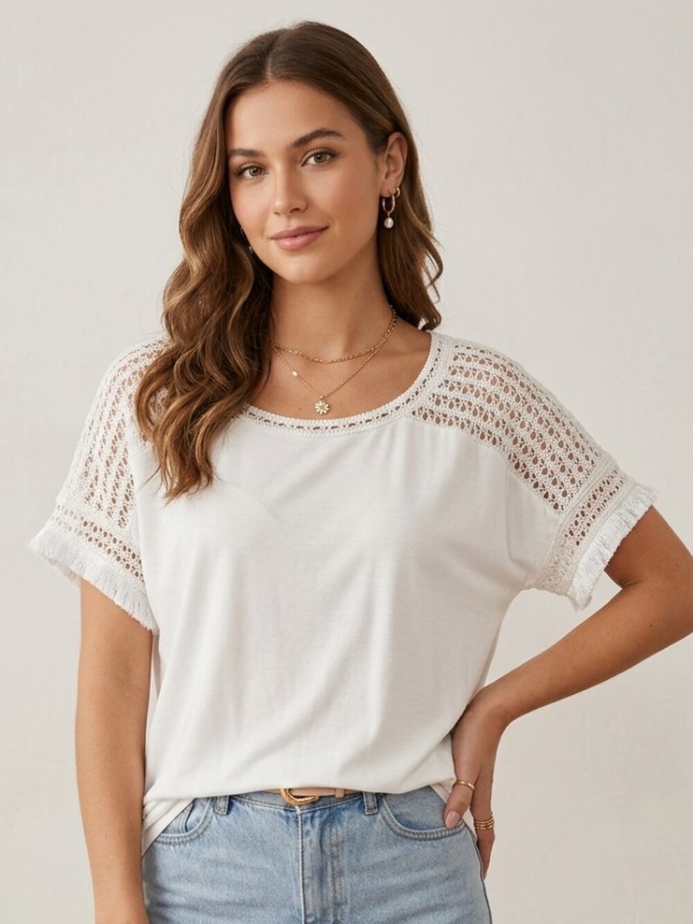 LOFT Off-White Crochet Lace Fringe Detail Scoop Neck Short Sleeve Tee Top Size M